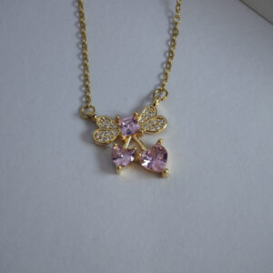 Golden Pink Bow Heart Solitaire Necklace