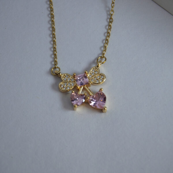 Golden Pink Bow Heart Solitaire Necklace