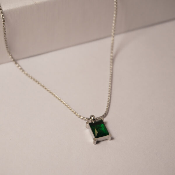 Silver Square Emerald Solitaire Necklace